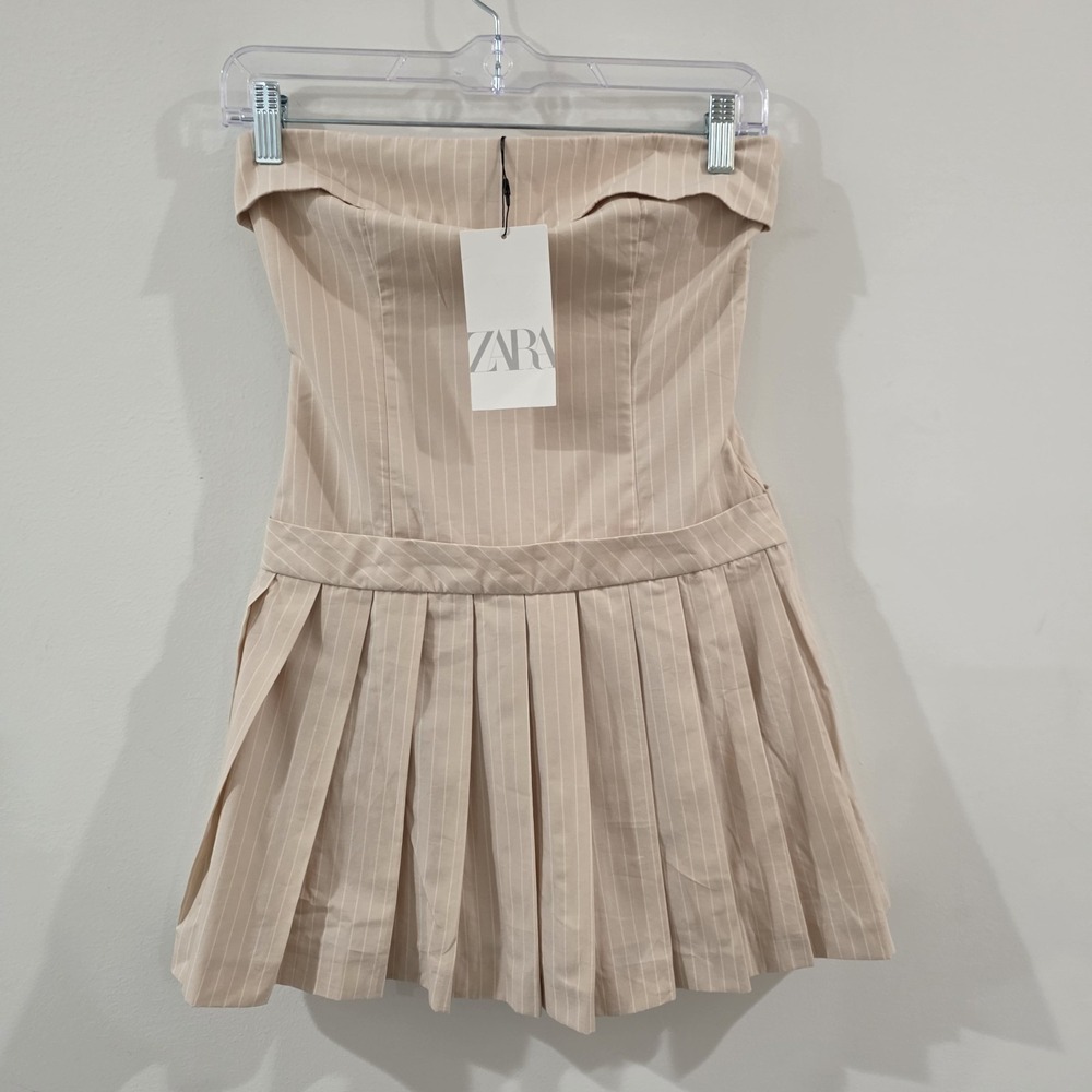 Zara Strapless Pleated Mini Dress Size Xs Striped Coquette Kawaii